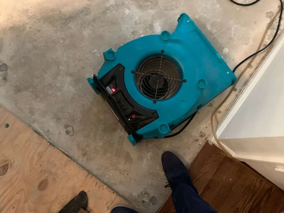 Air mover drying subfloor during Leak Detection & Repair in Holly Ridge